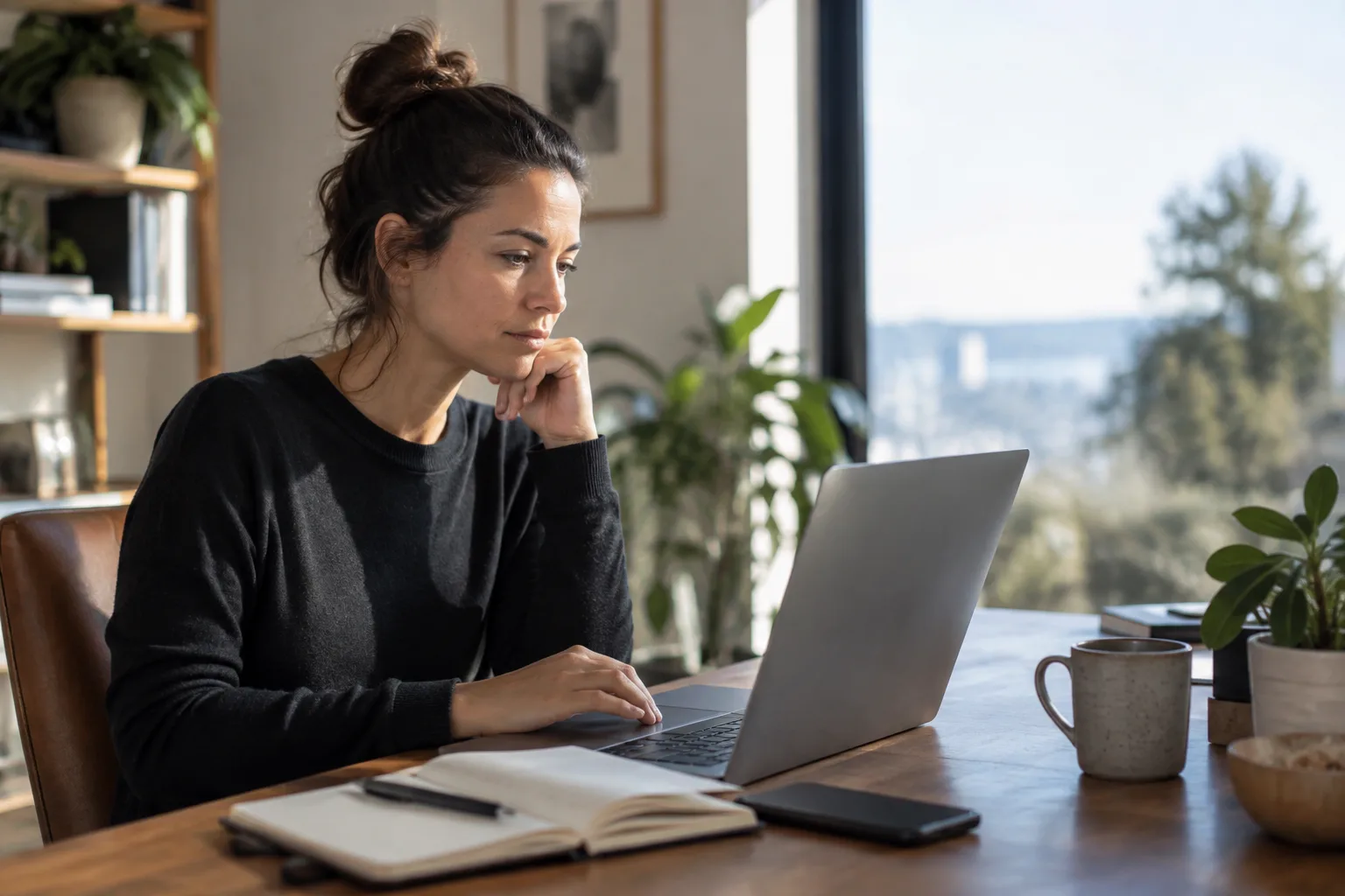 A founder at a desk looking at a calendar filled with booked sales meetings.