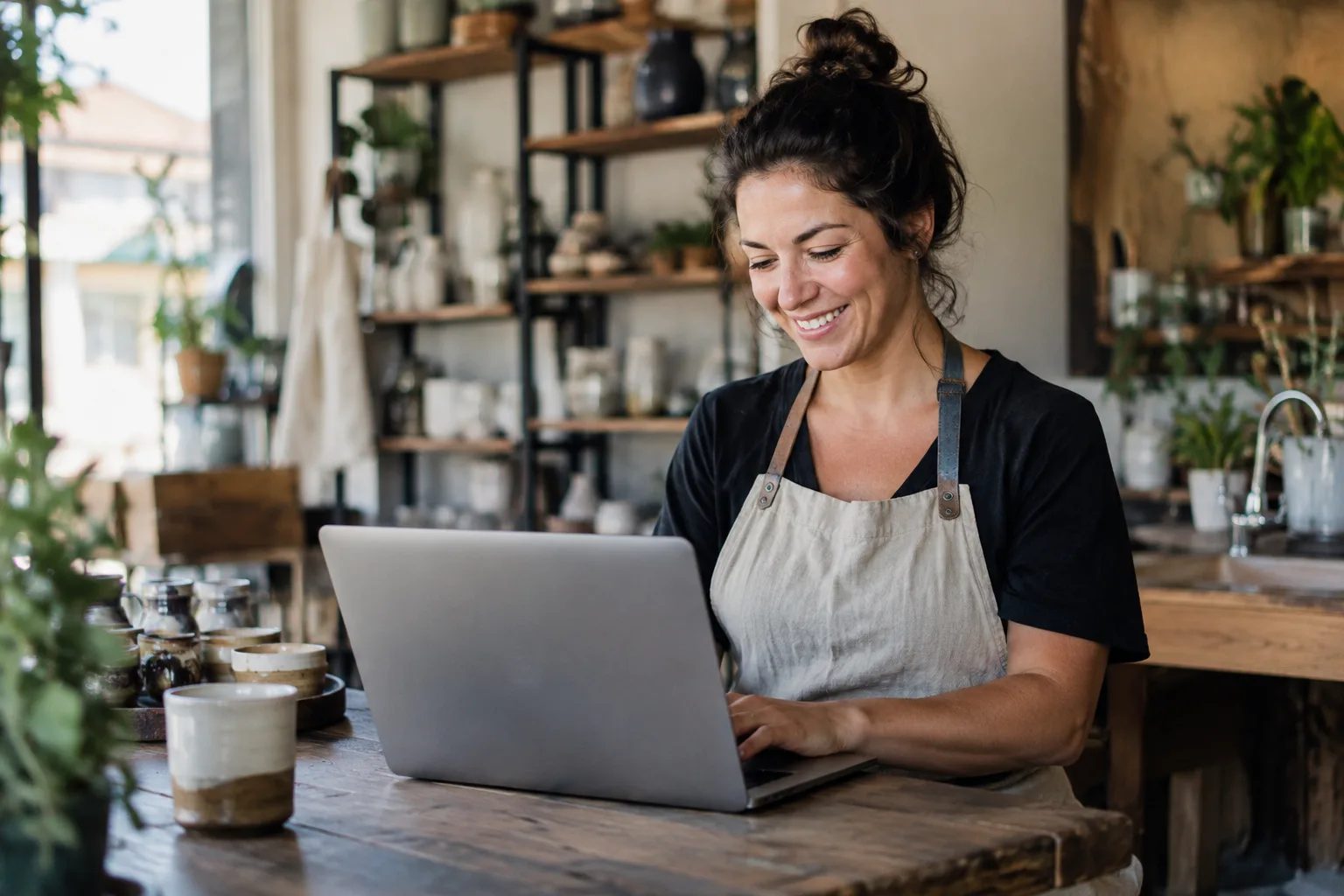 A small business owner at a laptop replies to a customer review in their shop.