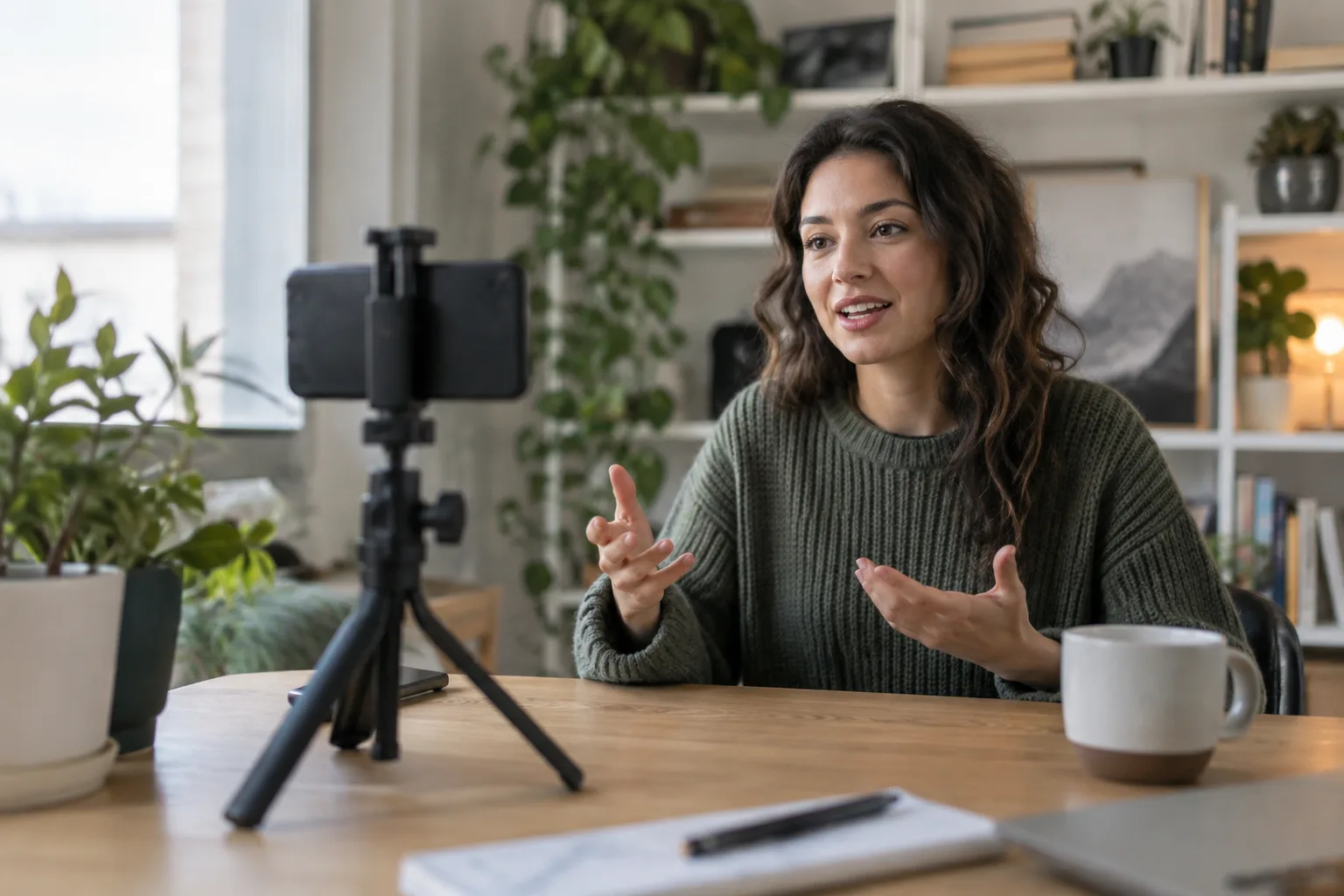 A person recording themselves talking on a smartphone camera in a home office setting.