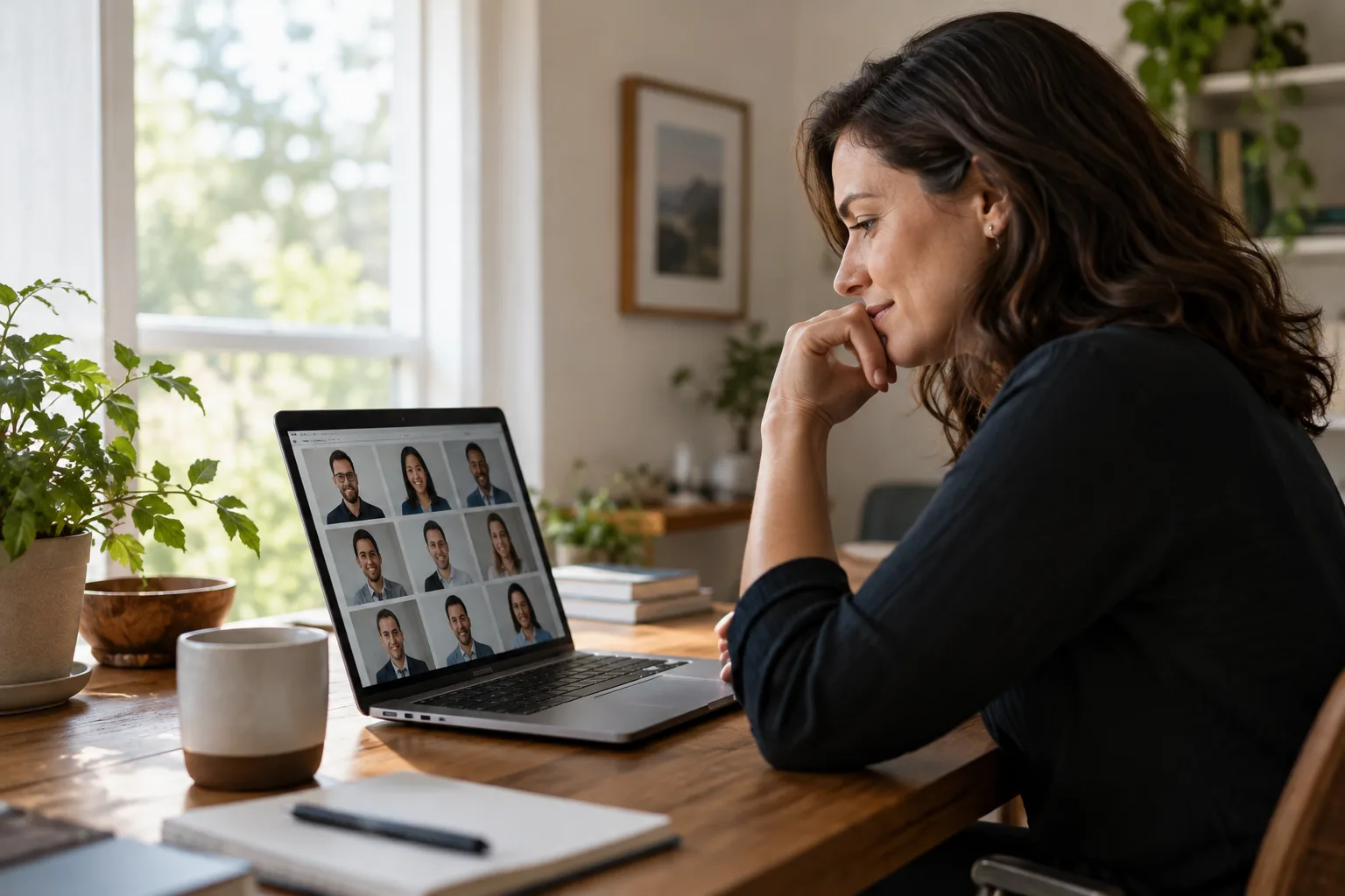 A person at a laptop reviewing a list of job candidates in a home office.