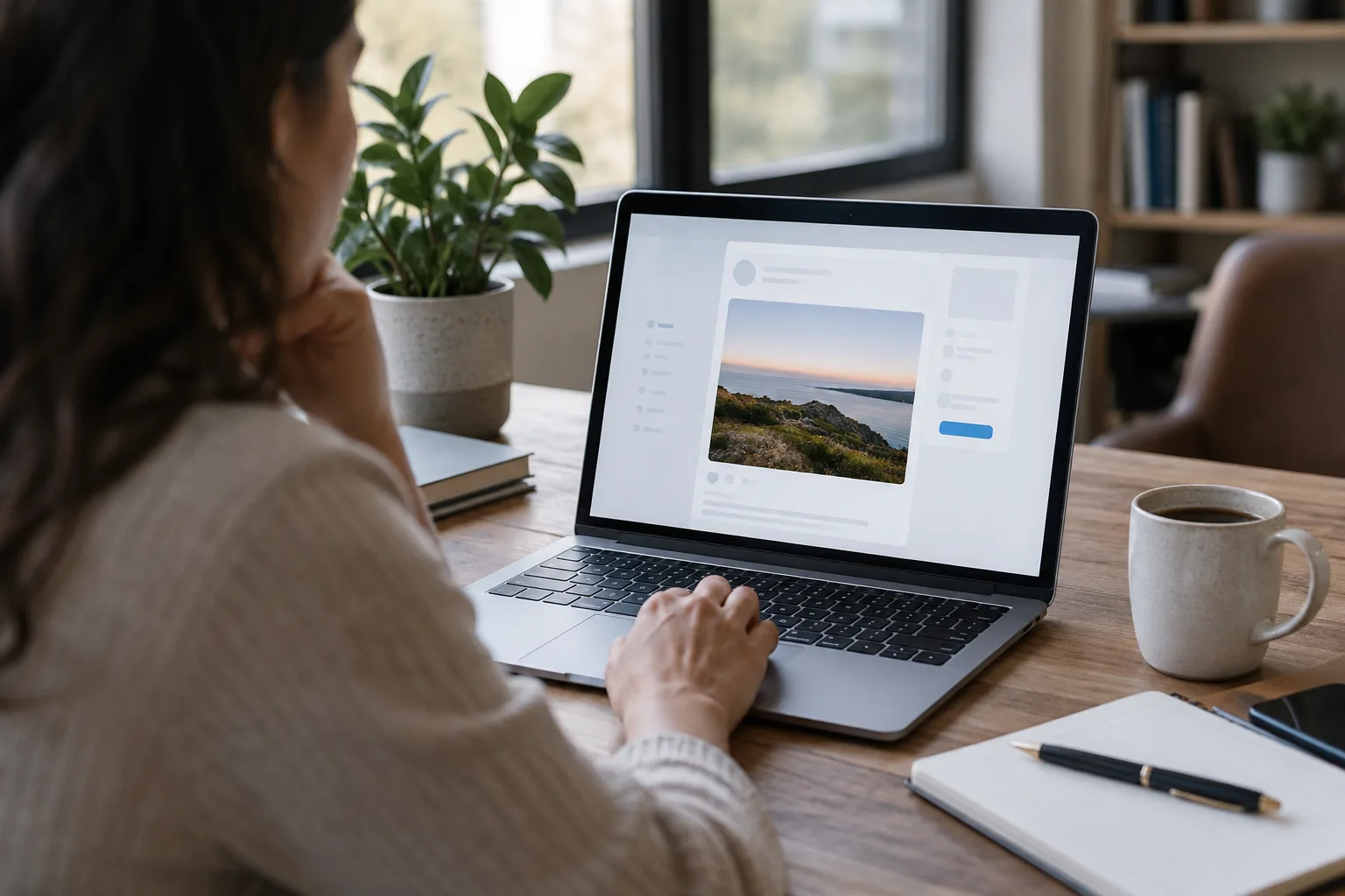 A person sitting at a desk reviewing a draft social media post on their laptop.