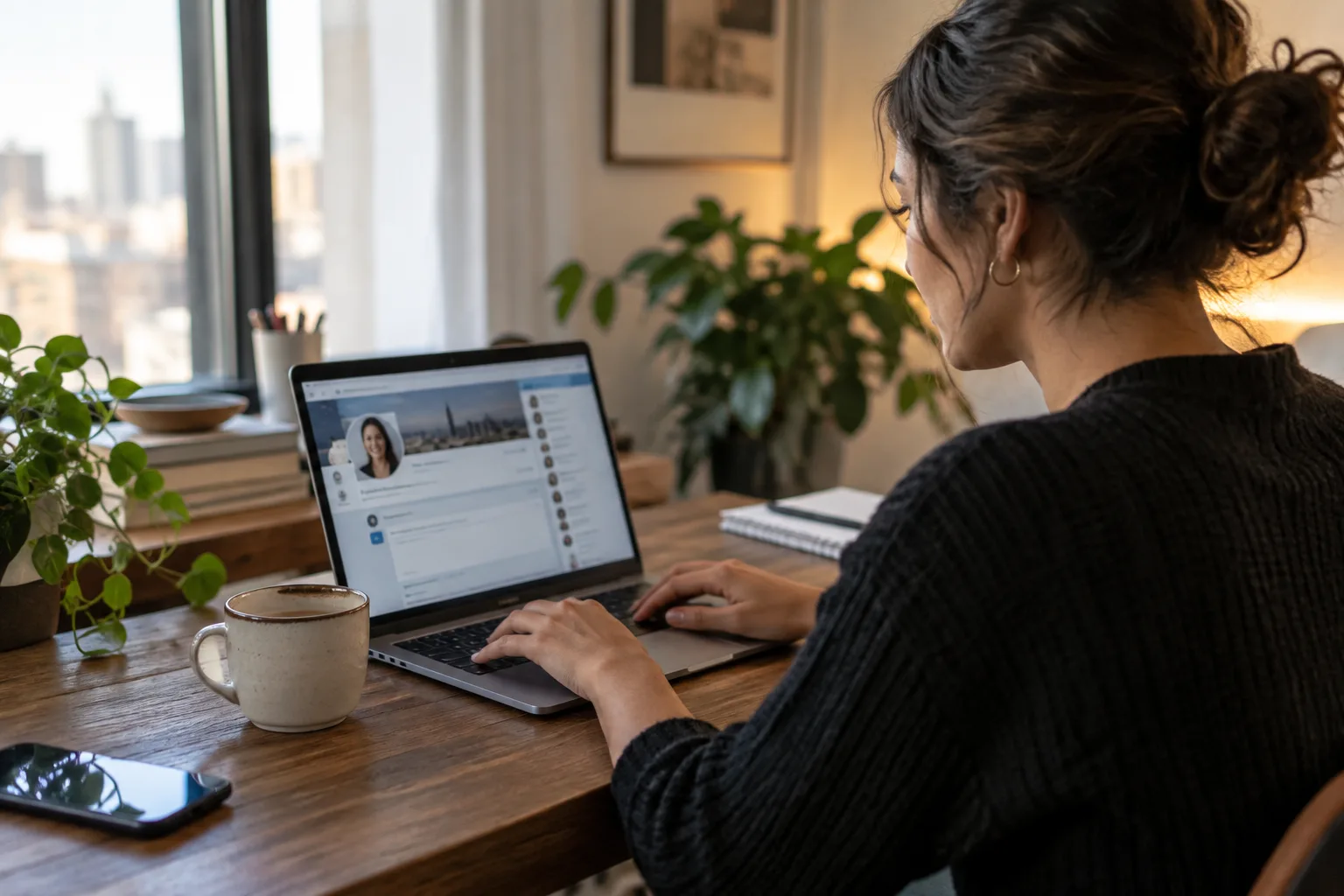 A professional sits at a desk typing a personalized connection request message on a laptop.