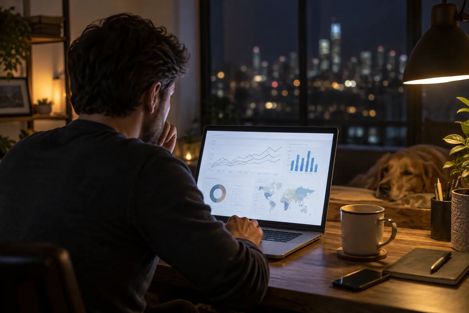 A laptop on a desk at night showing a search ranking dashboard with charts and graphs.