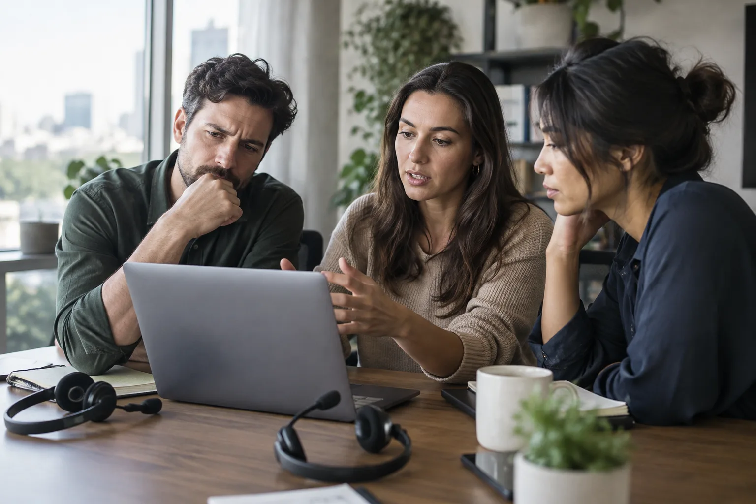Photograph of sales reps at a desk discussing a phone and outreach tool switch.