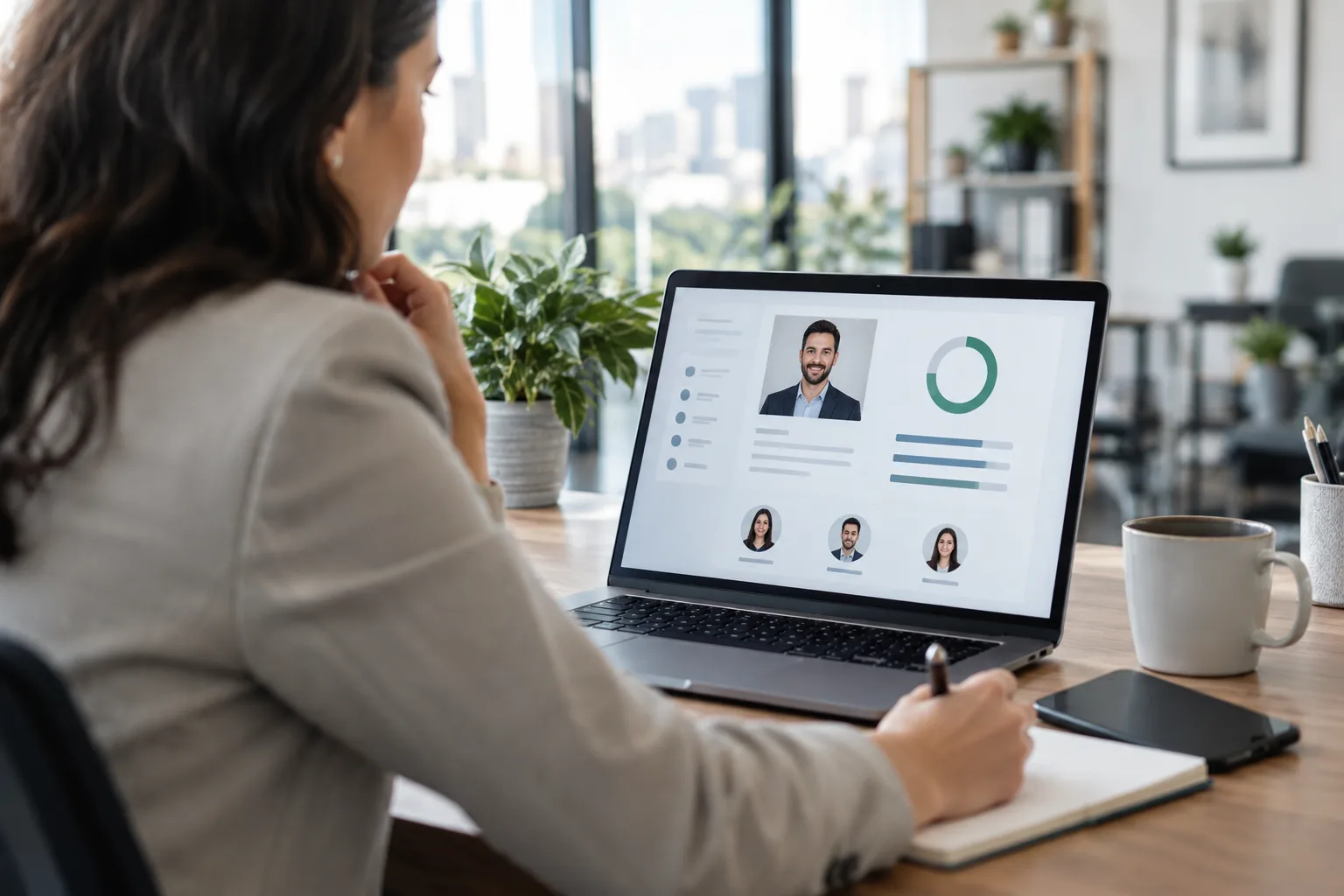 A recruiter sits at a desk looking at a candidate profile and score displayed on a laptop screen.