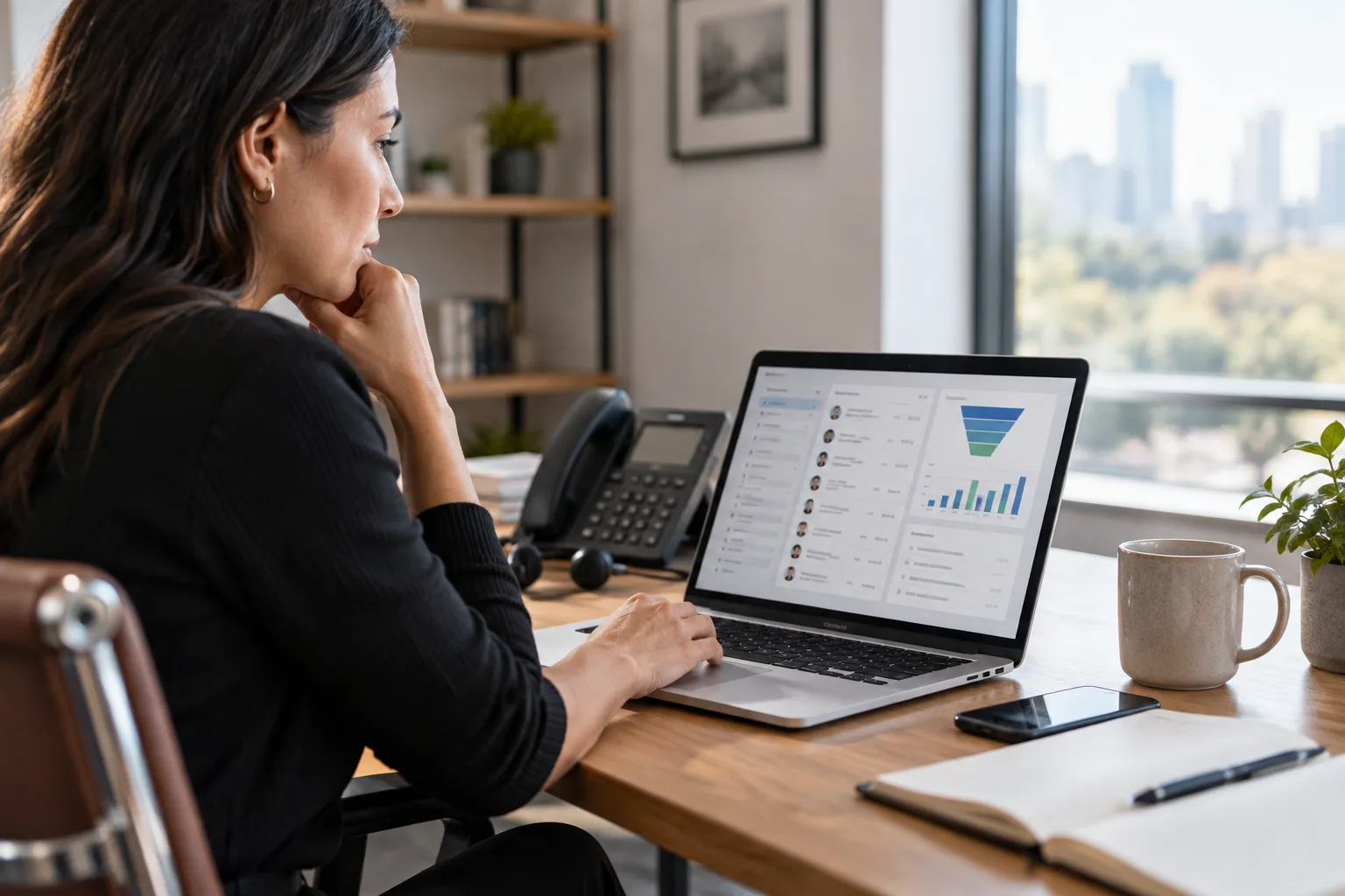A person working at a laptop managing outbound sales tools.