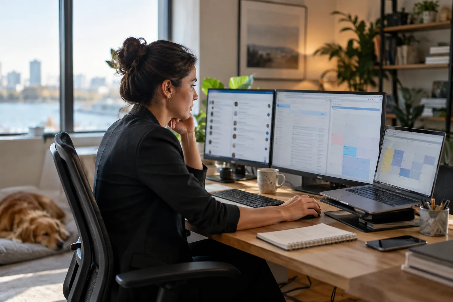 A photograph of a salesperson managing outreach across LinkedIn, email, and calendar scheduling.