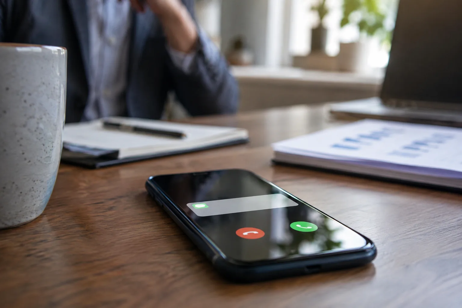 A smartphone lights up with a text message notification on an office desk.