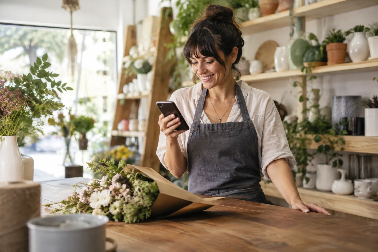 Photograph of a small business owner checking a phone notification for a new booking.