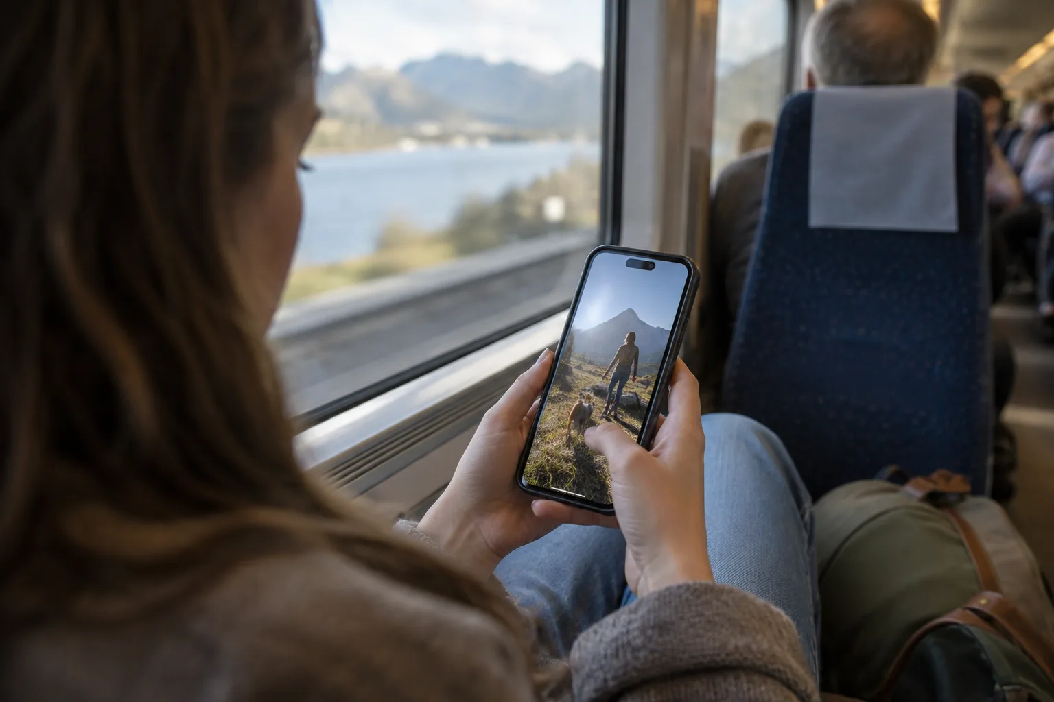 A person watching a captioned vertical video on their phone with the sound off in a public setting.