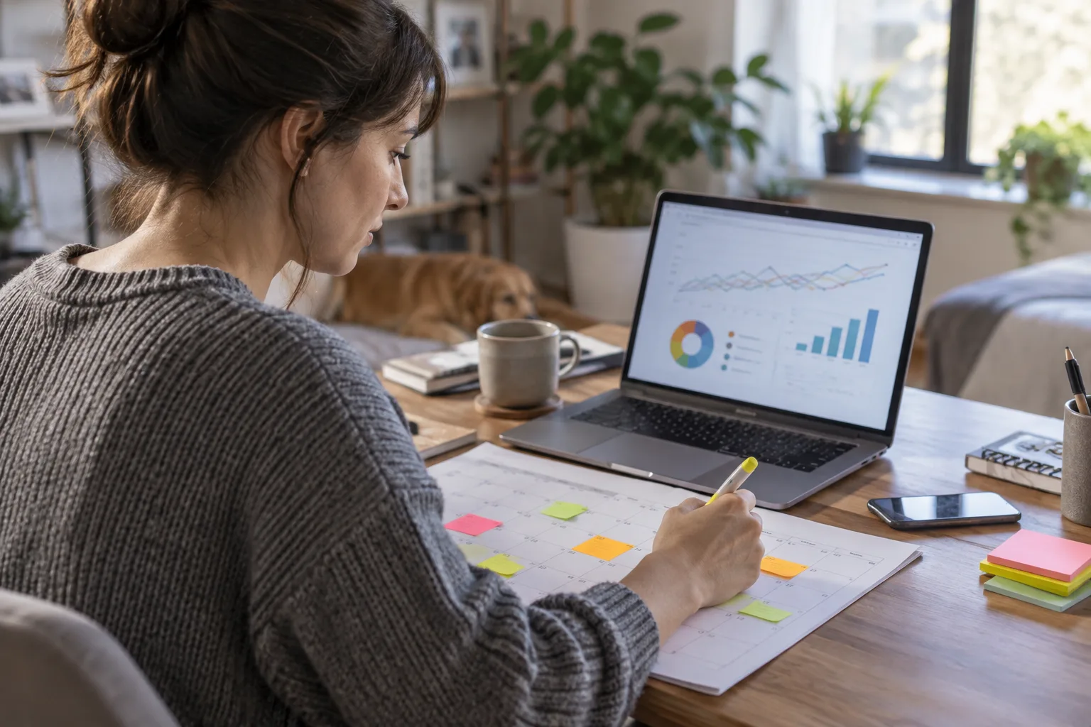 A person reviewing a content publishing schedule alongside a ranking dashboard on a laptop.