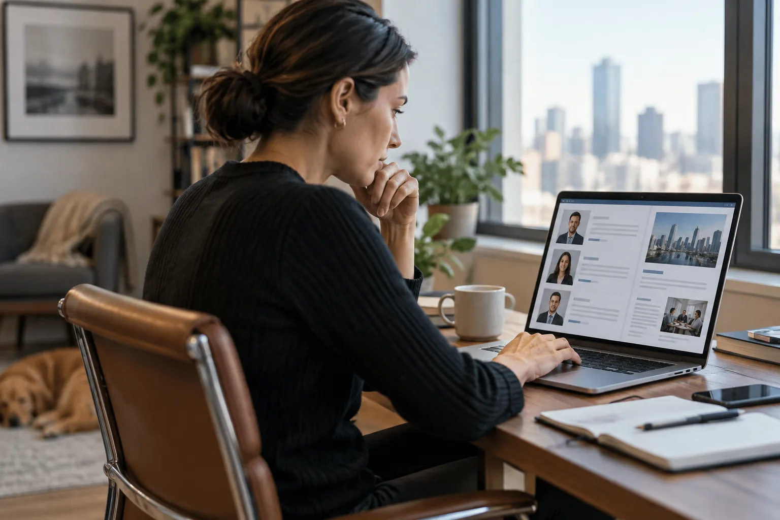 A recruiter sits at a desk reviewing candidate profiles on a laptop.