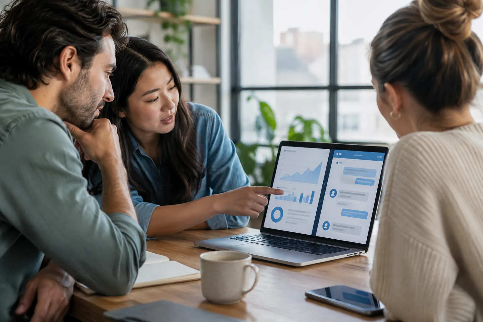 A team reviewing website analytics and chatbot conversation screens together at a desk.