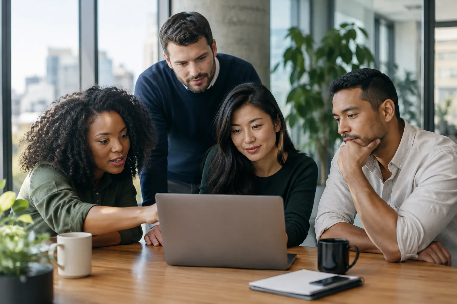 A small team of four coworkers gathered around a laptop reviewing sales data together in an office.