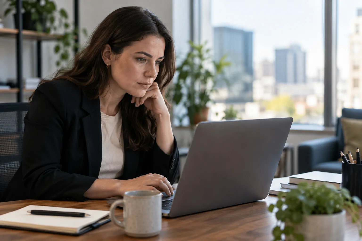 A recruiter sitting at a desk reviewing hiring funnel data on a laptop screen.