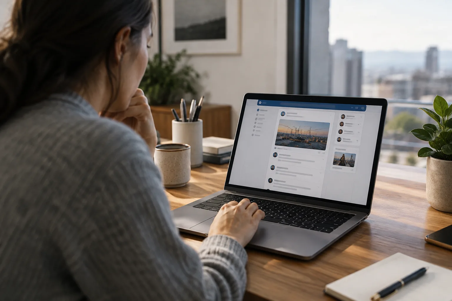 A professional reading LinkedIn post comments on a laptop at their desk.