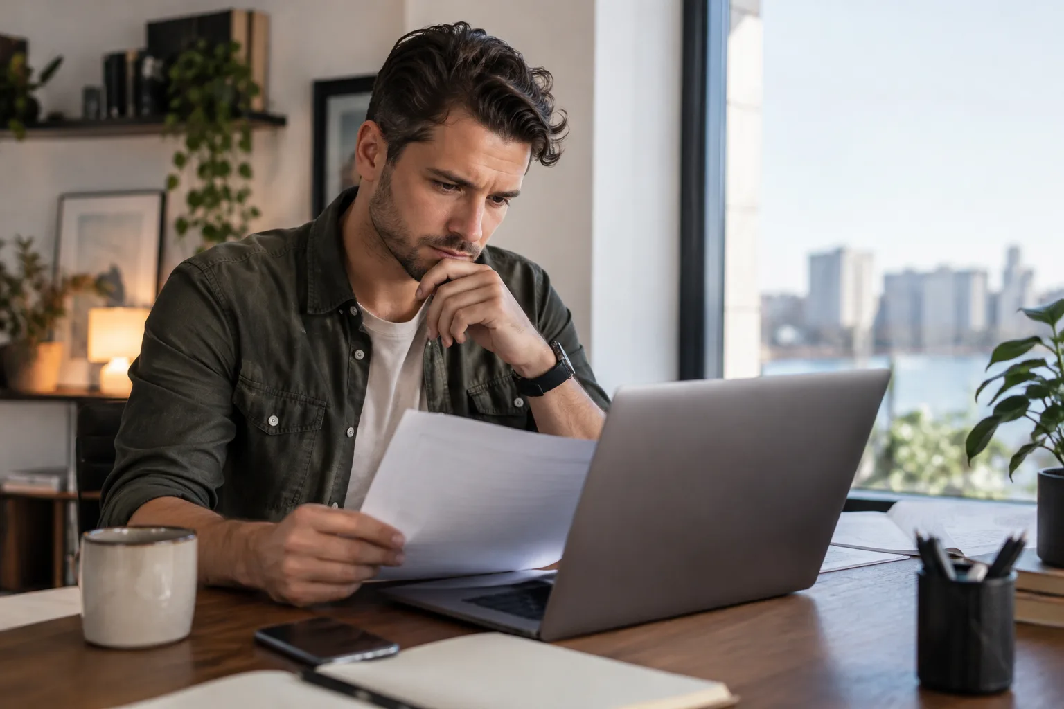 A founder closely examining a software pricing contract on their laptop before purchasing.