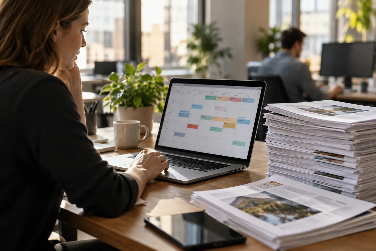 A laptop displaying a content calendar sits on a desk next to a stack of printed articles.
