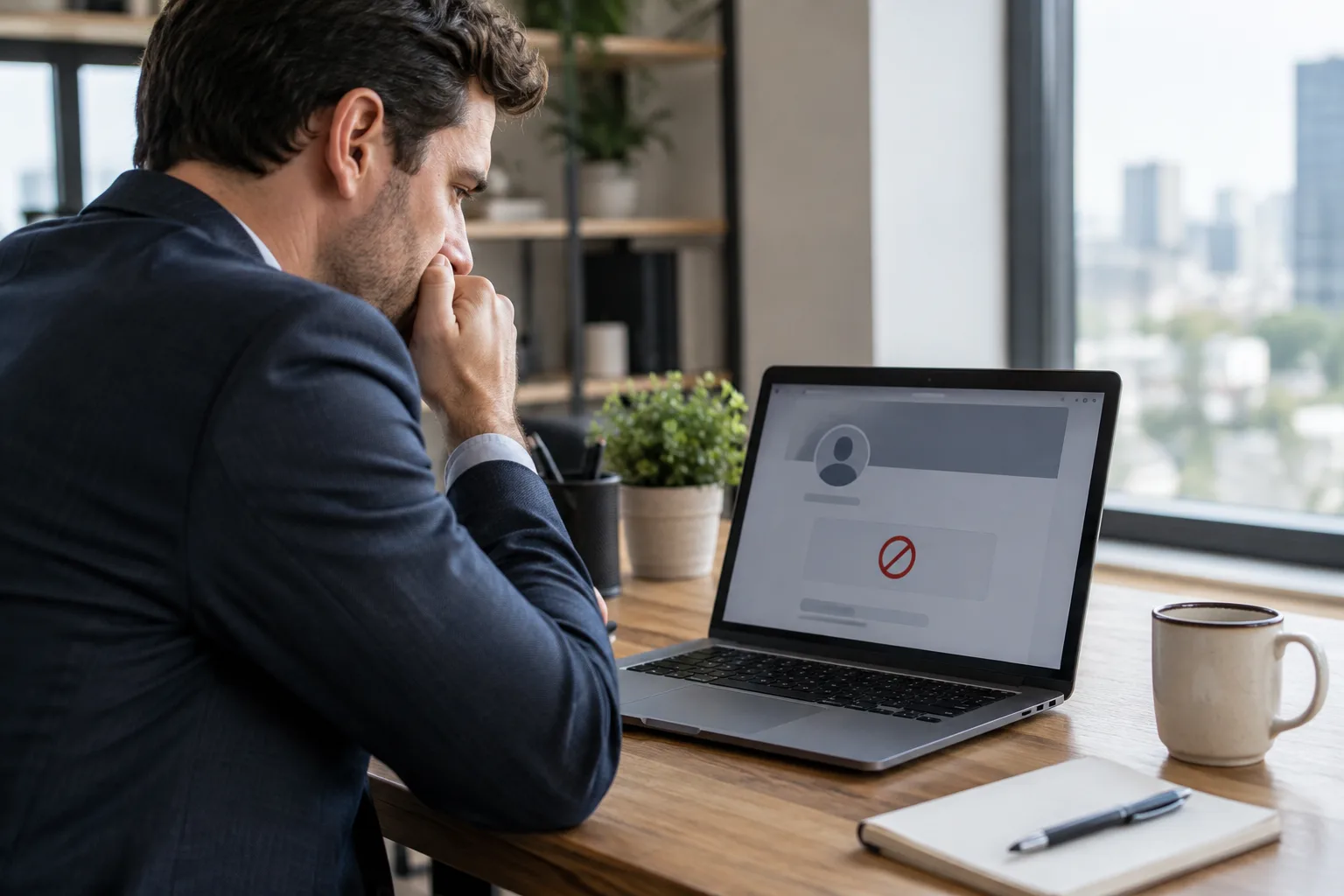 A salesperson sits at a desk looking at a laptop displaying a LinkedIn account restriction notice.