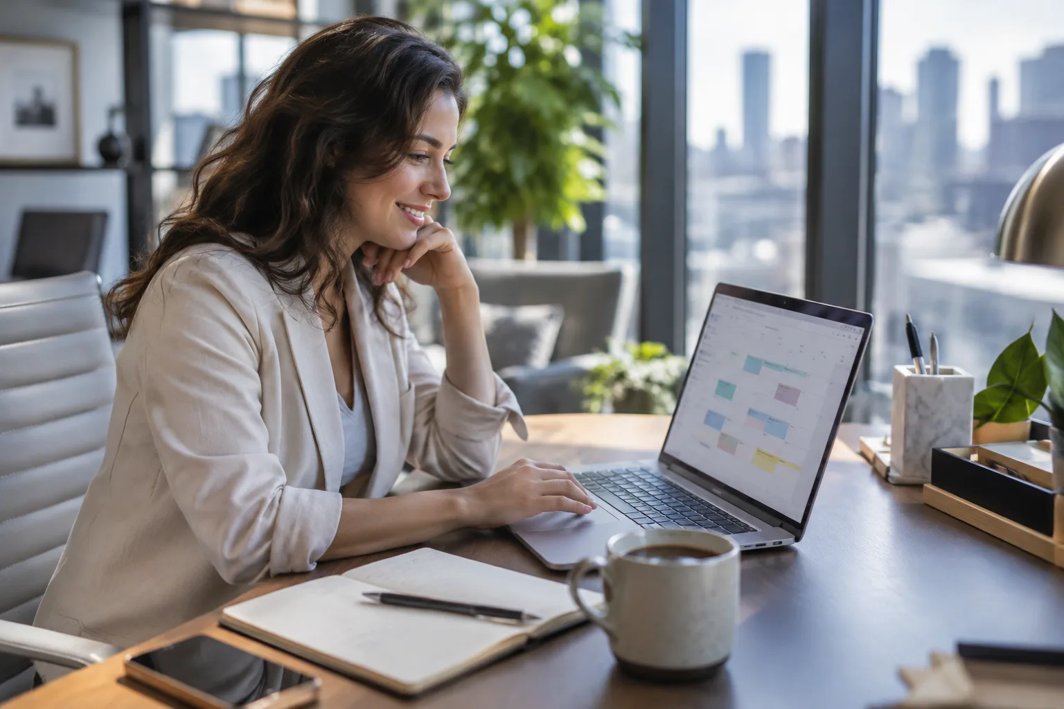 A recruiter sits at a desk reviewing a calendar of booked client meetings on a laptop.