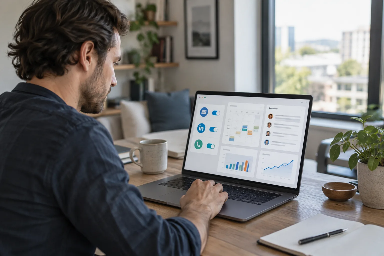 A person at a laptop setting up accounts and reviewing a sales dashboard.