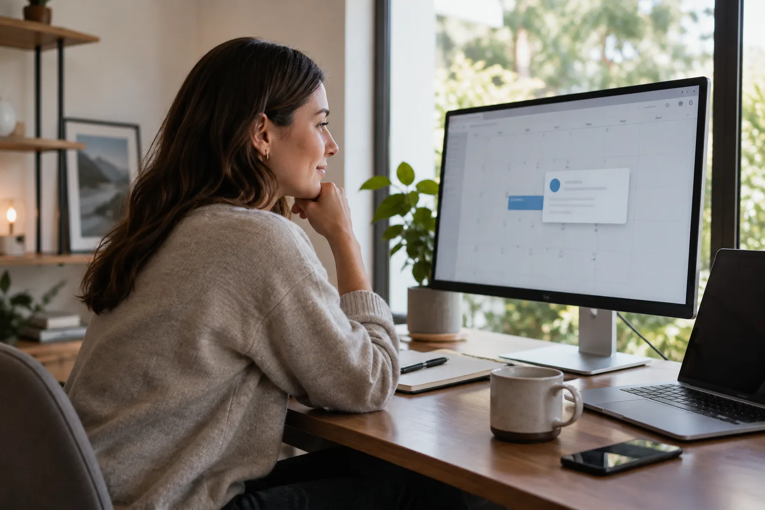 A person at a desk viewing a booked meeting notification on their laptop calendar