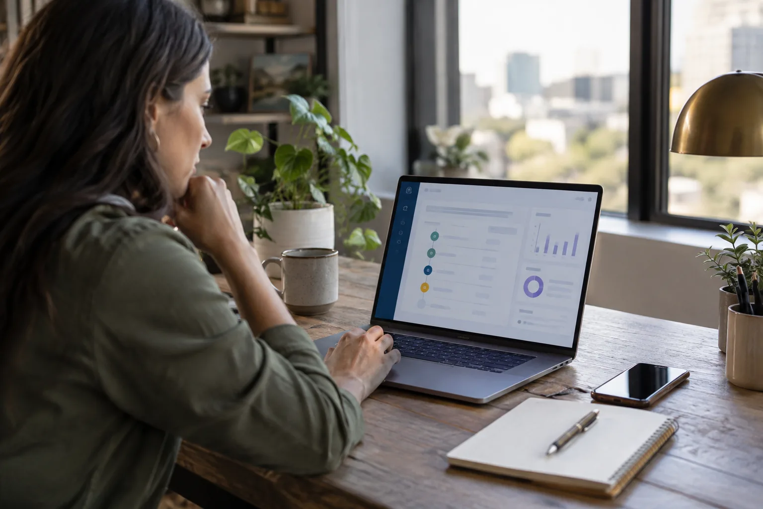 A photo of a person at a desk working on a laptop showing a CRM screen, with a phone beside them.