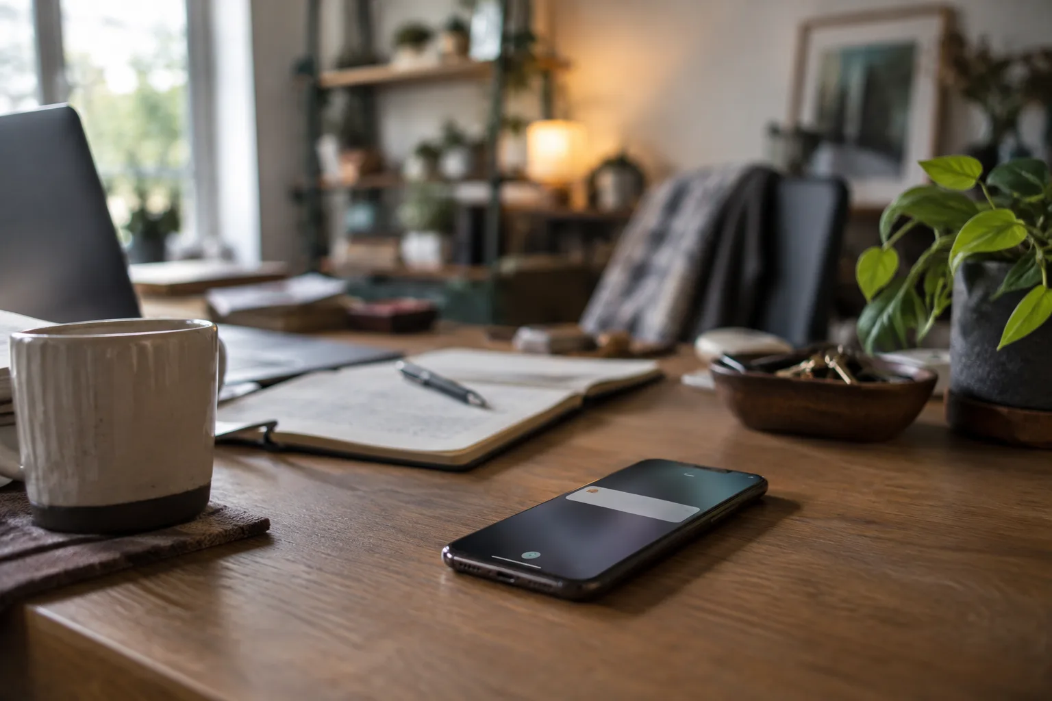 A photo of a smartphone with an unread text notification sitting alone on a busy desk.