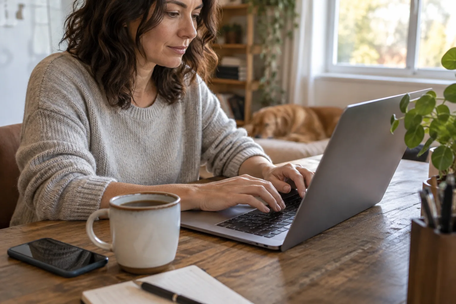 A photograph of a founder typing an email at a laptop in a home office.