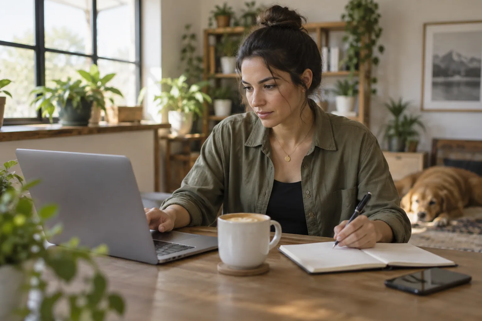 A business owner sitting at a desk checking search results on a laptop while taking notes.