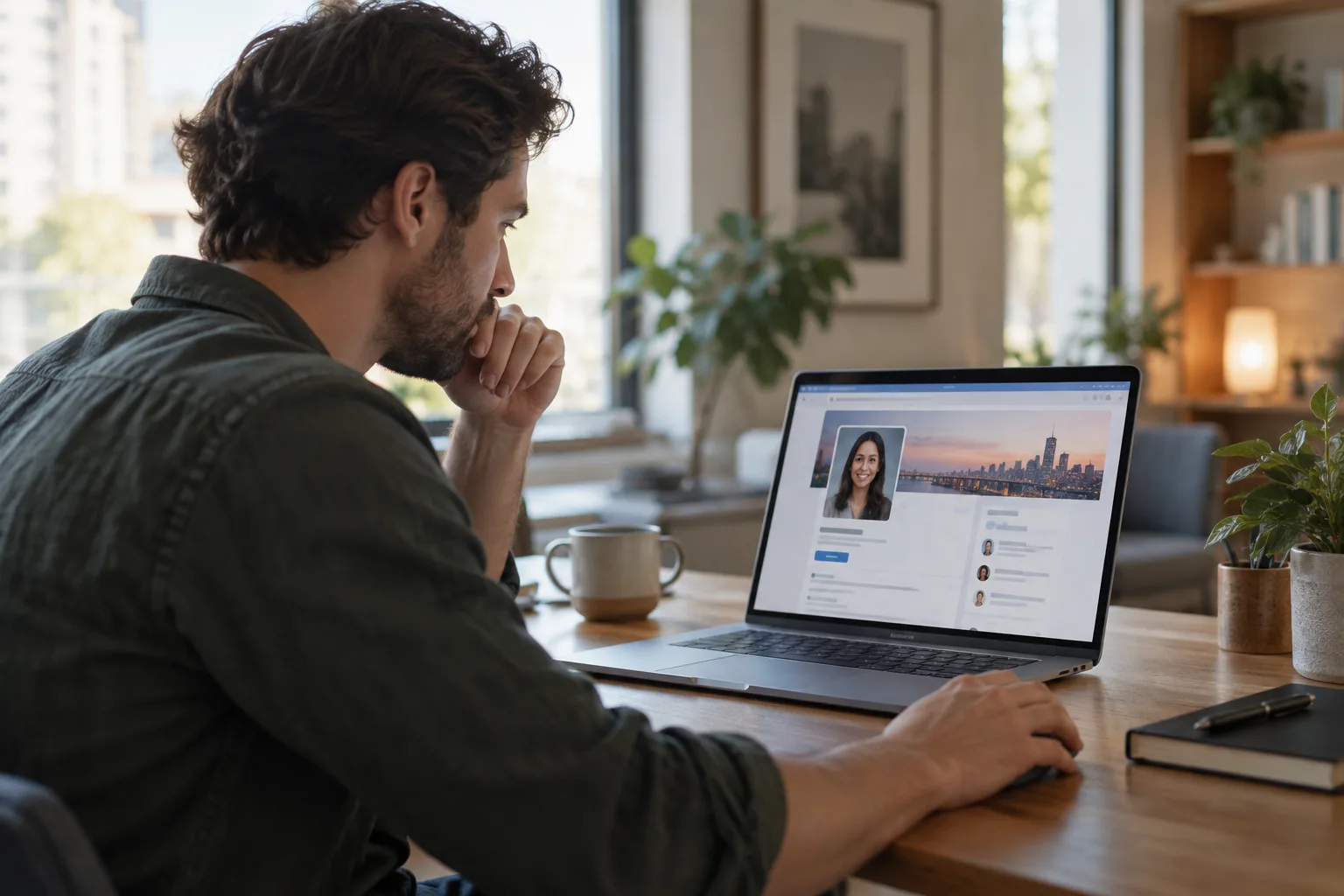 A person at a desk considering a LinkedIn outreach decision on their laptop.