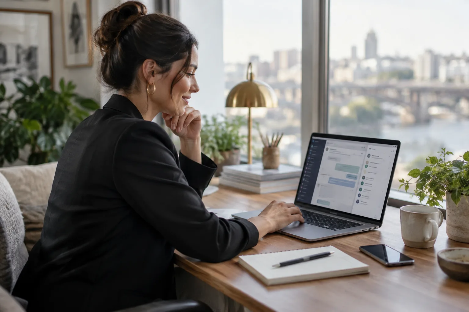 A sales professional working at a desk with a laptop, phone, and notepad for multi-channel outreach.