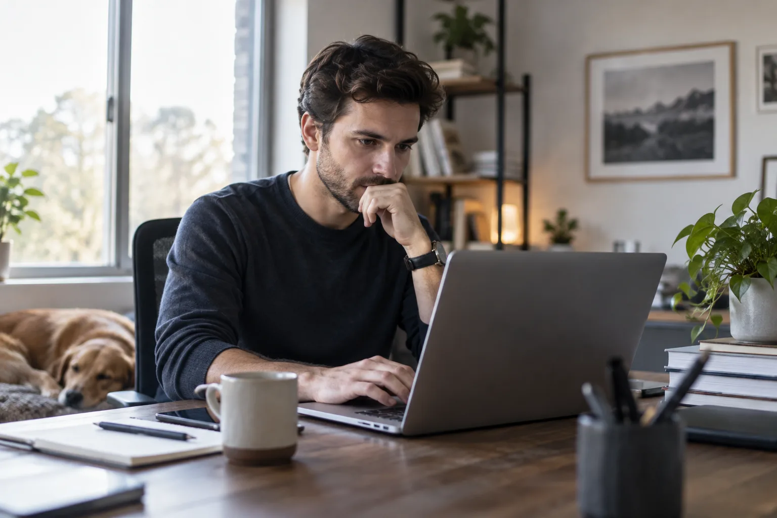 A founder sits at a laptop in a small office, running outbound prospecting software alone.
