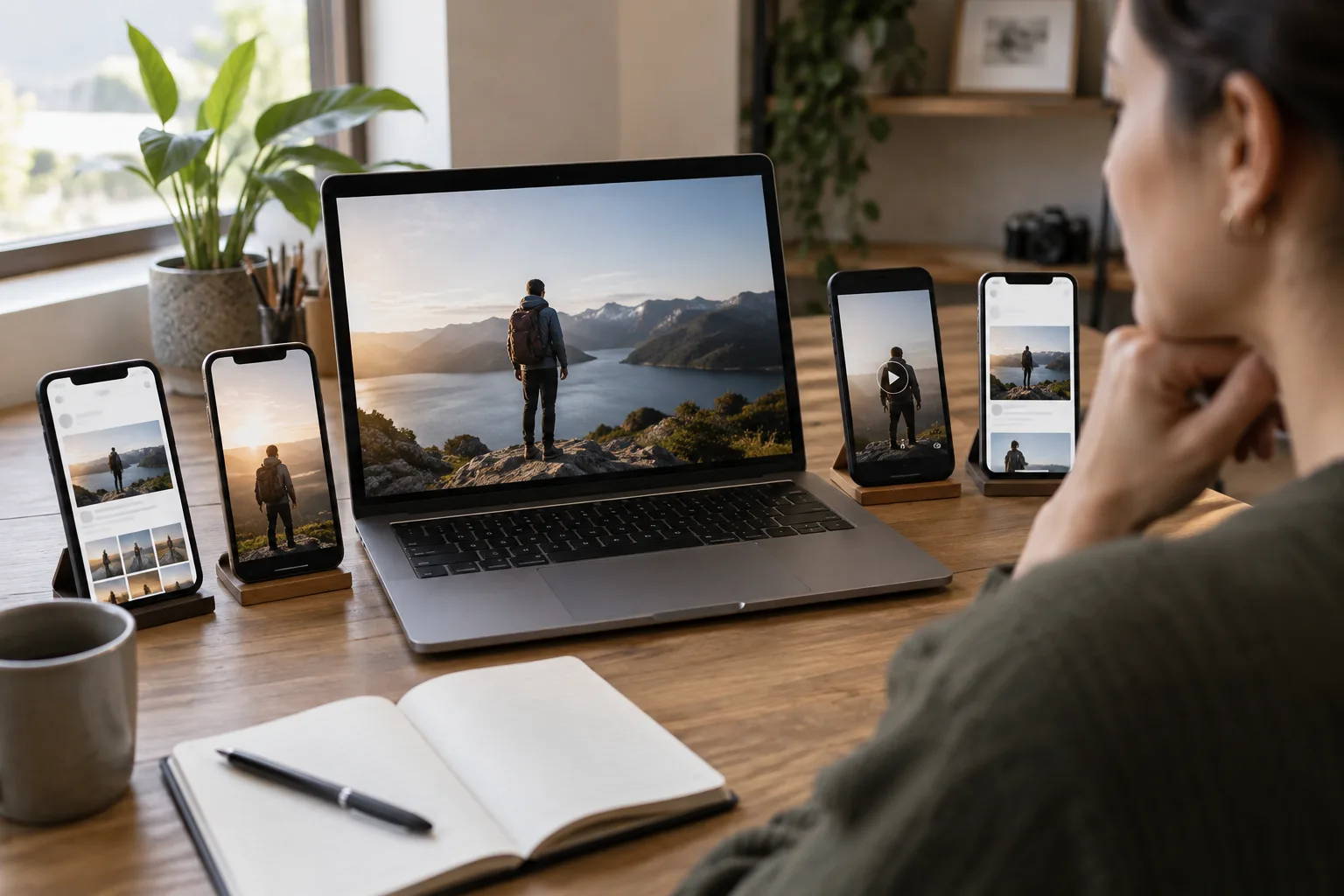 A person working at a laptop with four phones displaying different social media post formats around them.