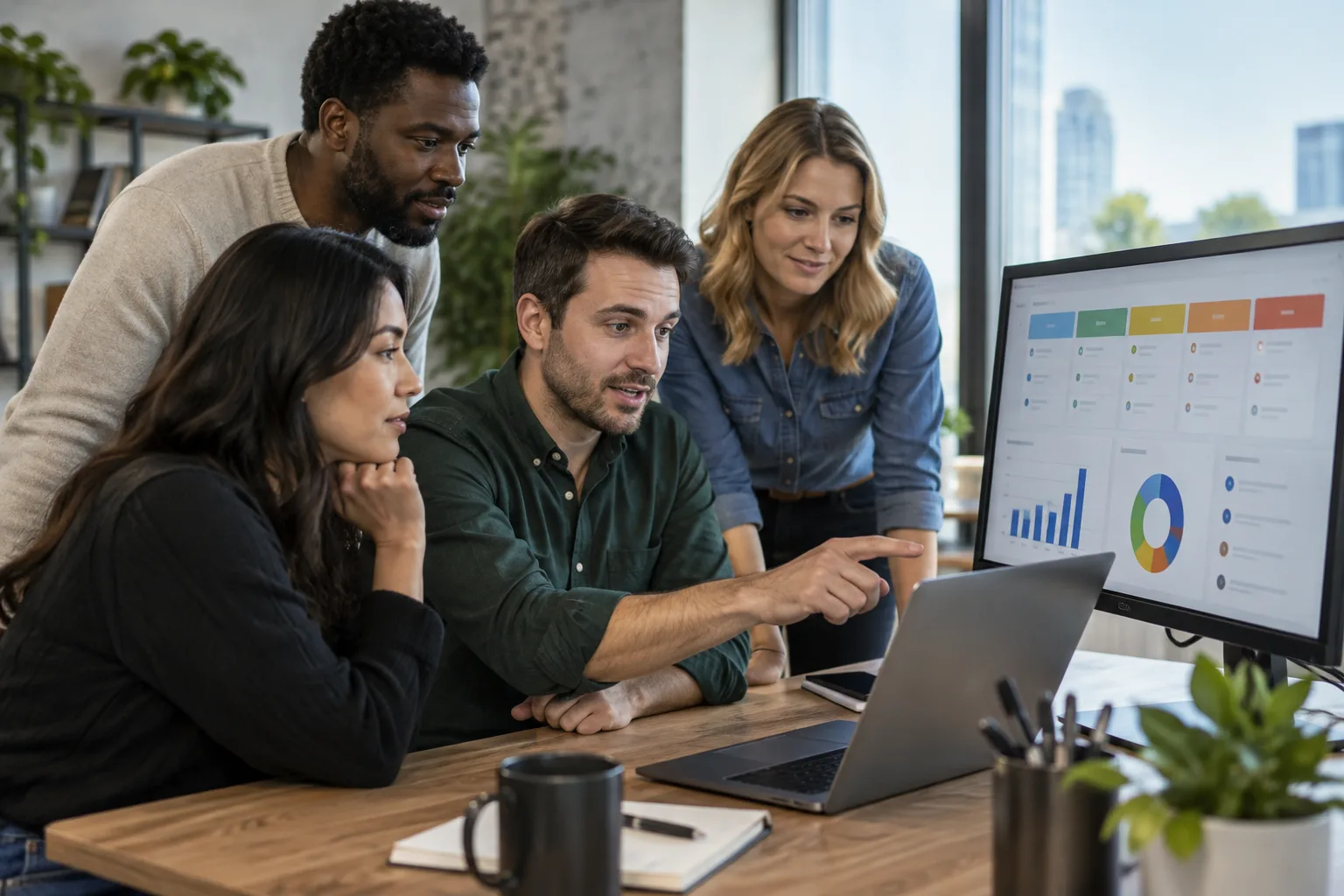 A photo of a small sales team reviewing a CRM dashboard together in an office setting.