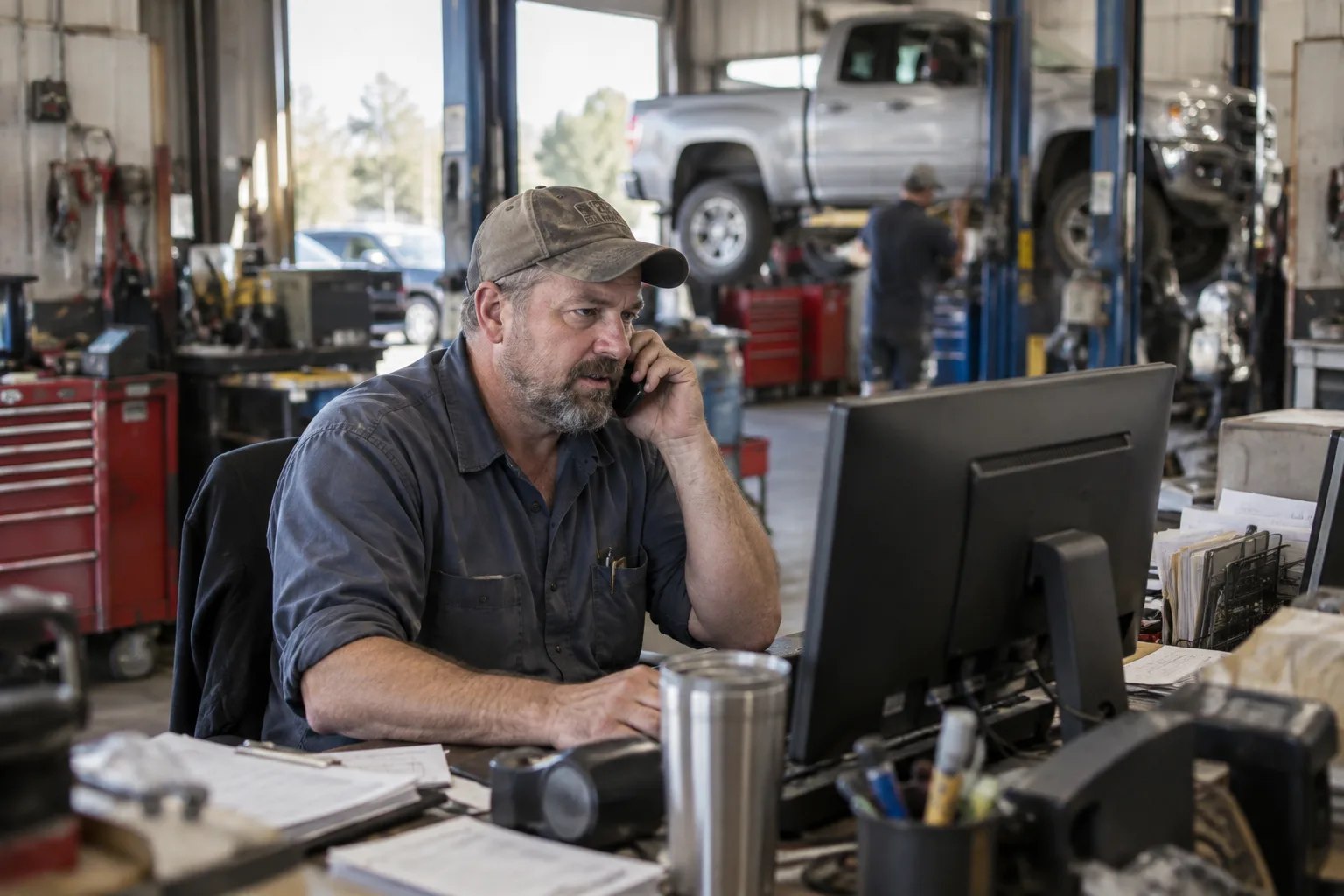 A repair shop owner making a follow-up phone call at the front desk of a garage.