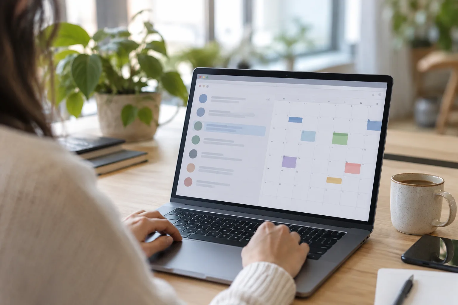 A photograph of a laptop displaying an outbound software dashboard with scheduled meetings on a desk.