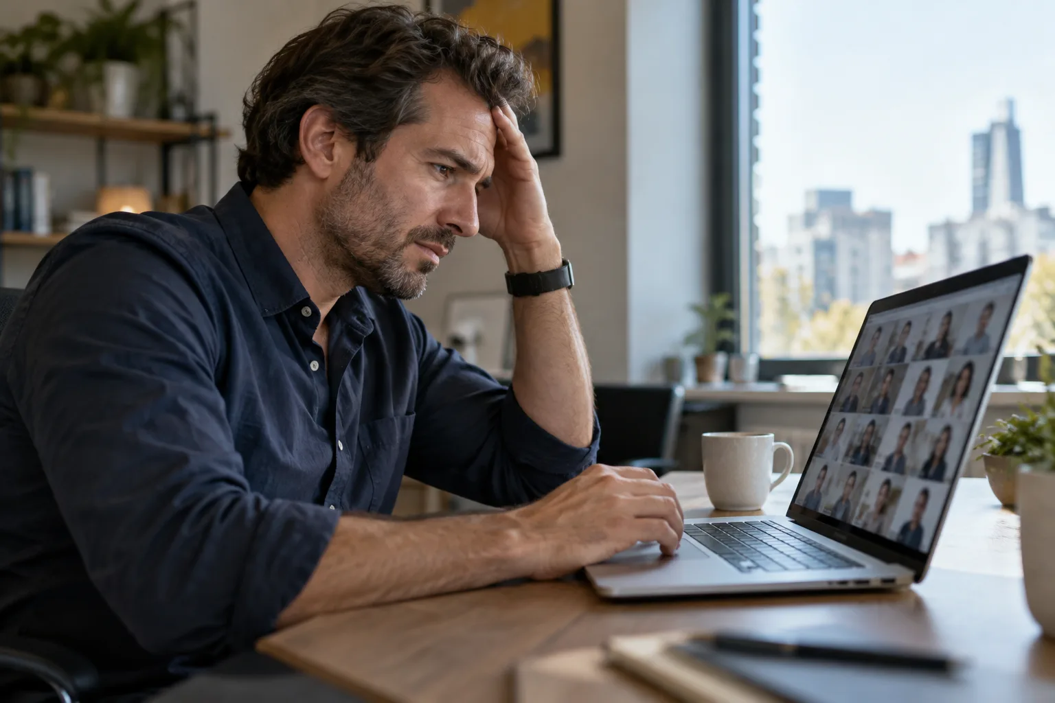 A hiring manager at a desk reviewing a long list of candidate interviews on a laptop.