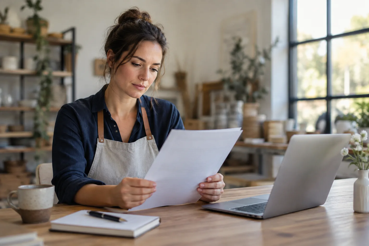 A business owner reading a contract at a desk before signing an SEO agreement.