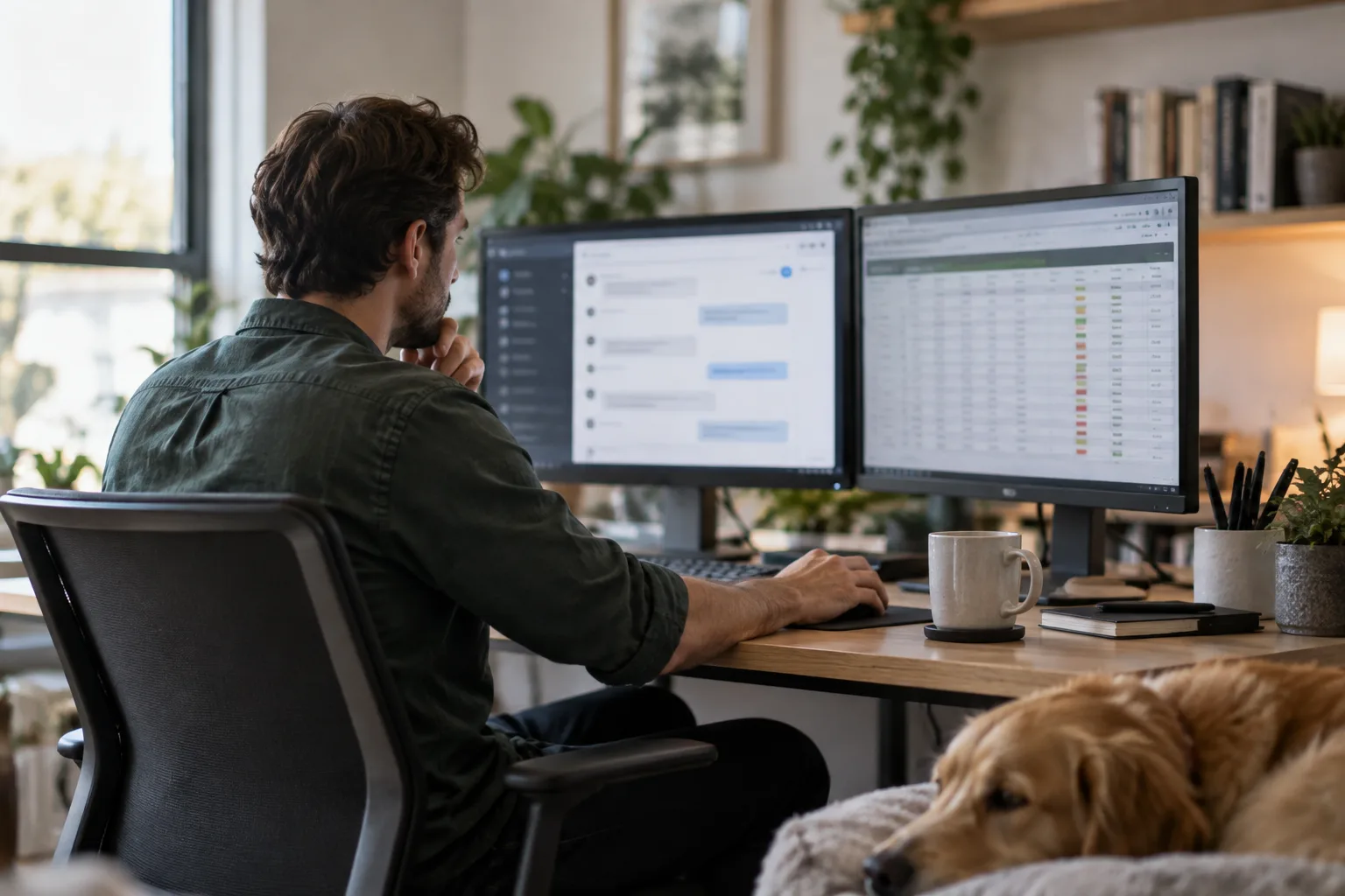 A person sitting at a desk tracking chatbot answers in a spreadsheet log across multiple dates.