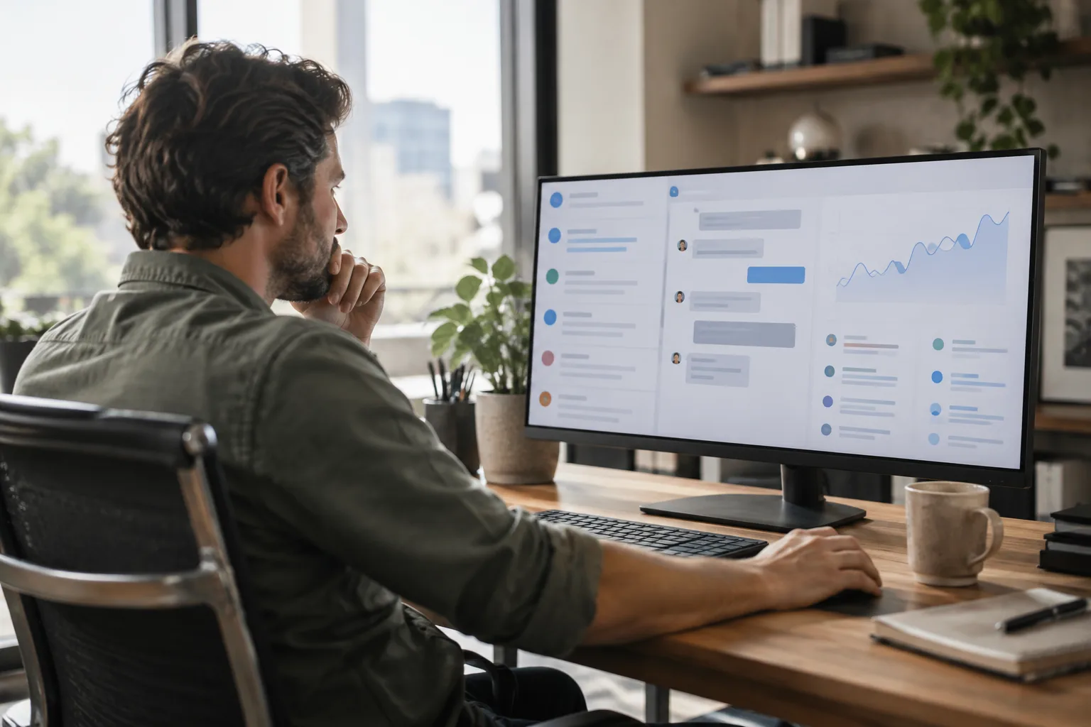 A person reviewing a screen displaying chat conversations and a trend chart.