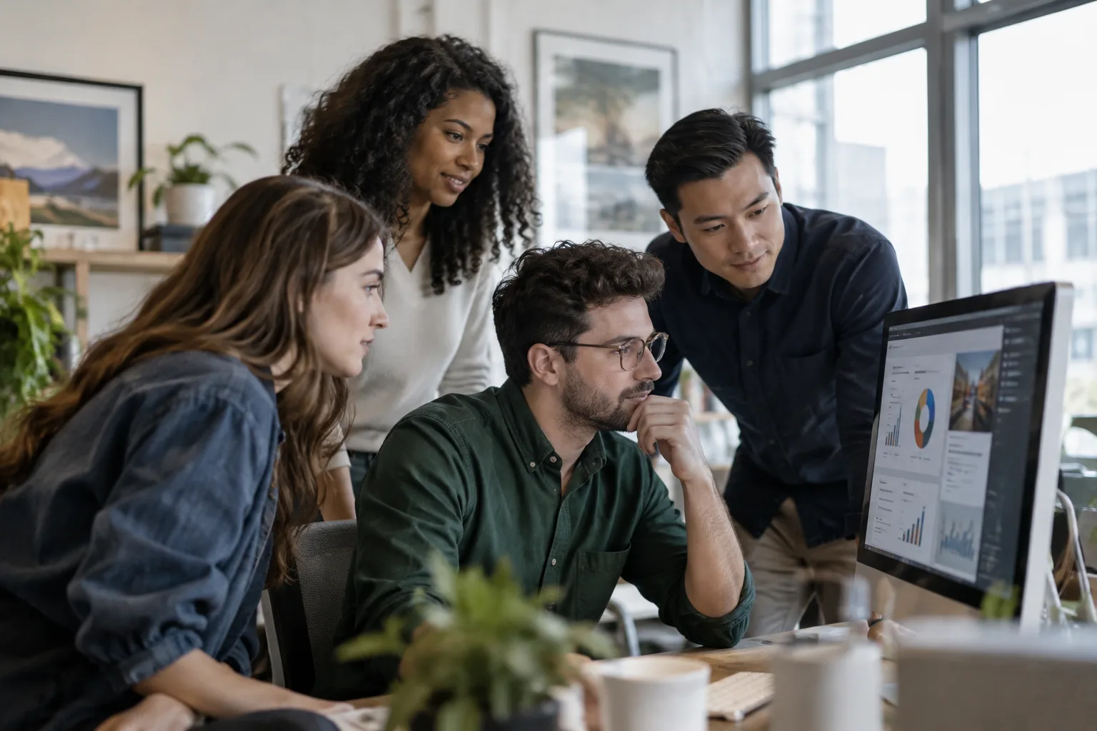 A marketing agency team looking at a client dashboard on a computer screen in their office.