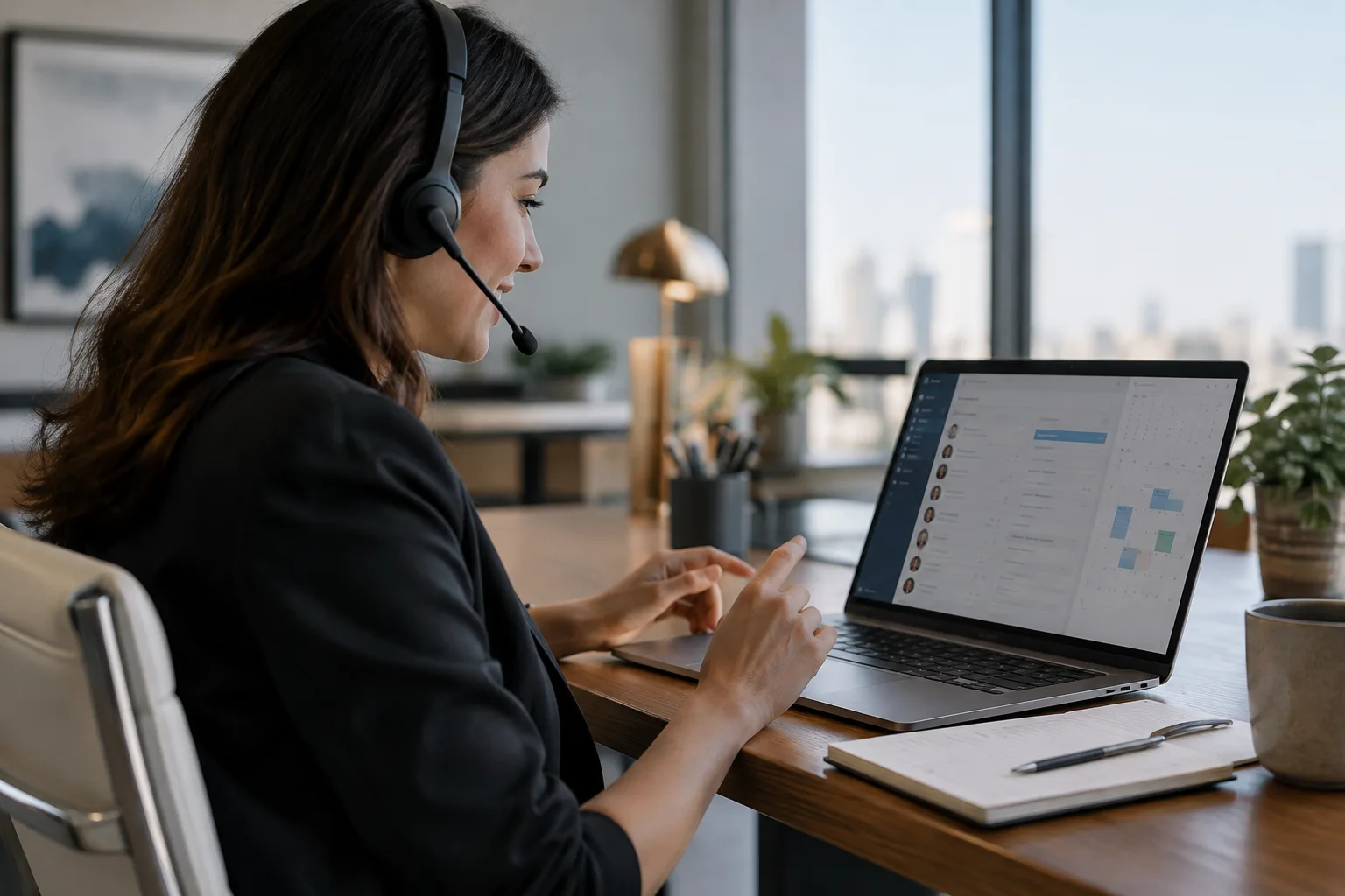 A salesperson wearing a headset works at a laptop showing a CRM dashboard in a bright office.