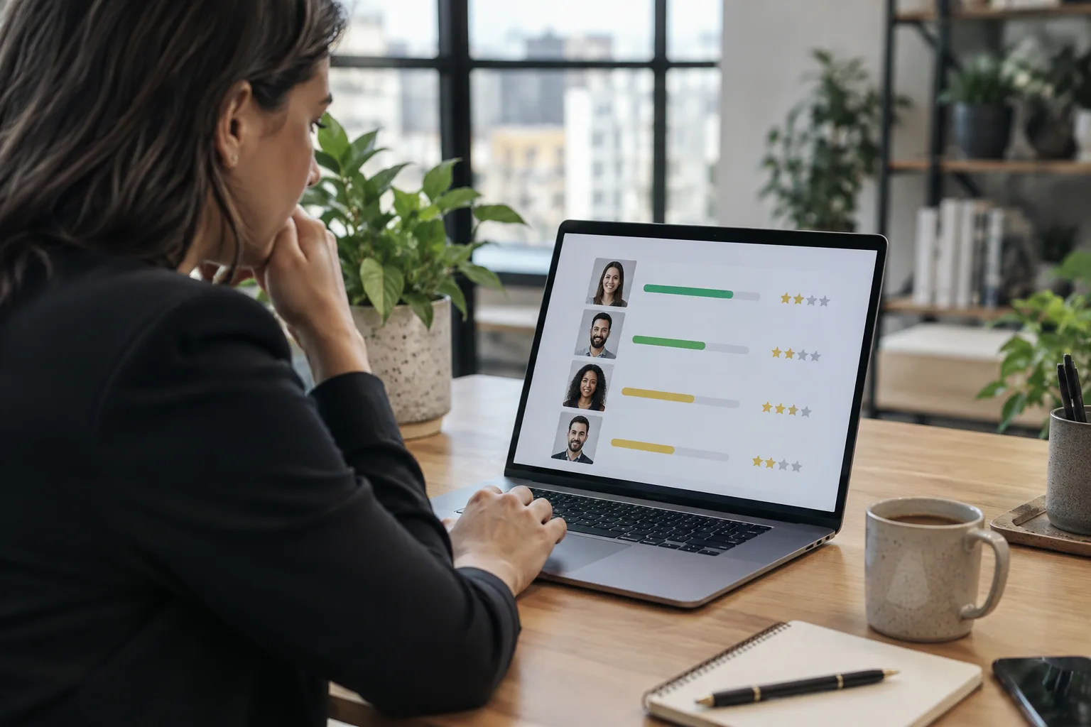 A recruiter sitting at a laptop reviewing a candidate search results screen in an office.