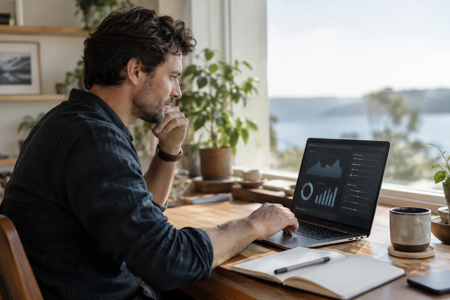 A person sitting at a desk, carefully reviewing settings on a laptop screen with a notebook beside them.