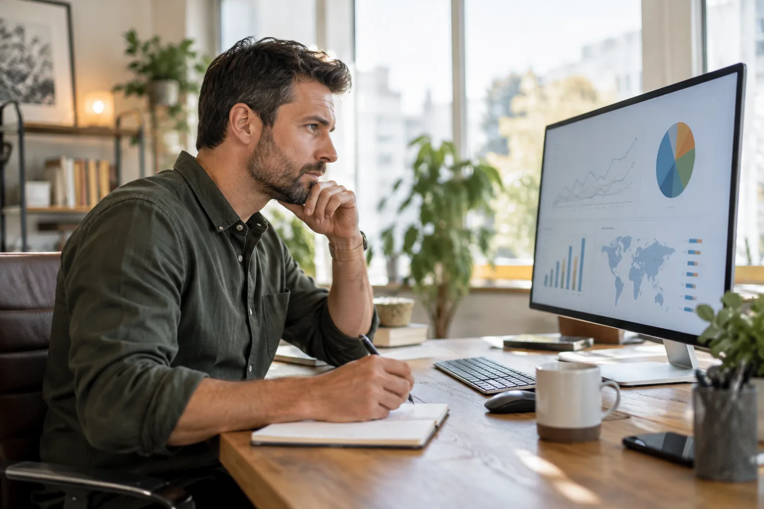 A sales professional reviewing email campaign data on a computer screen before deciding whether to pause or stop it.