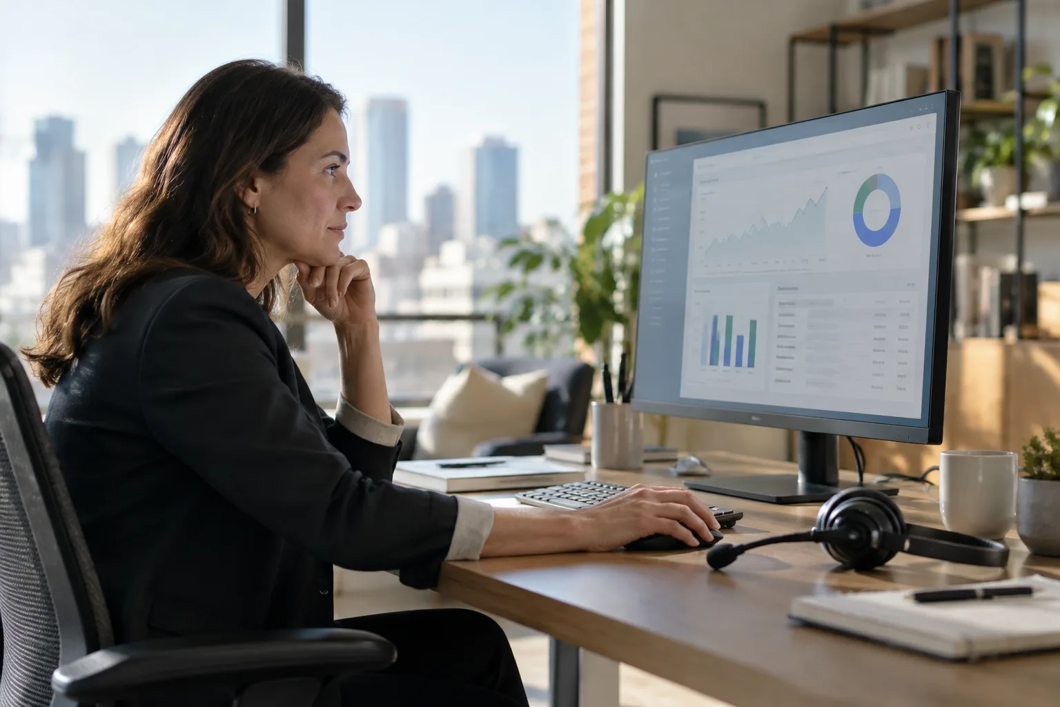 A sales manager reviewing a CRM dashboard on a computer screen with a headset on the desk.