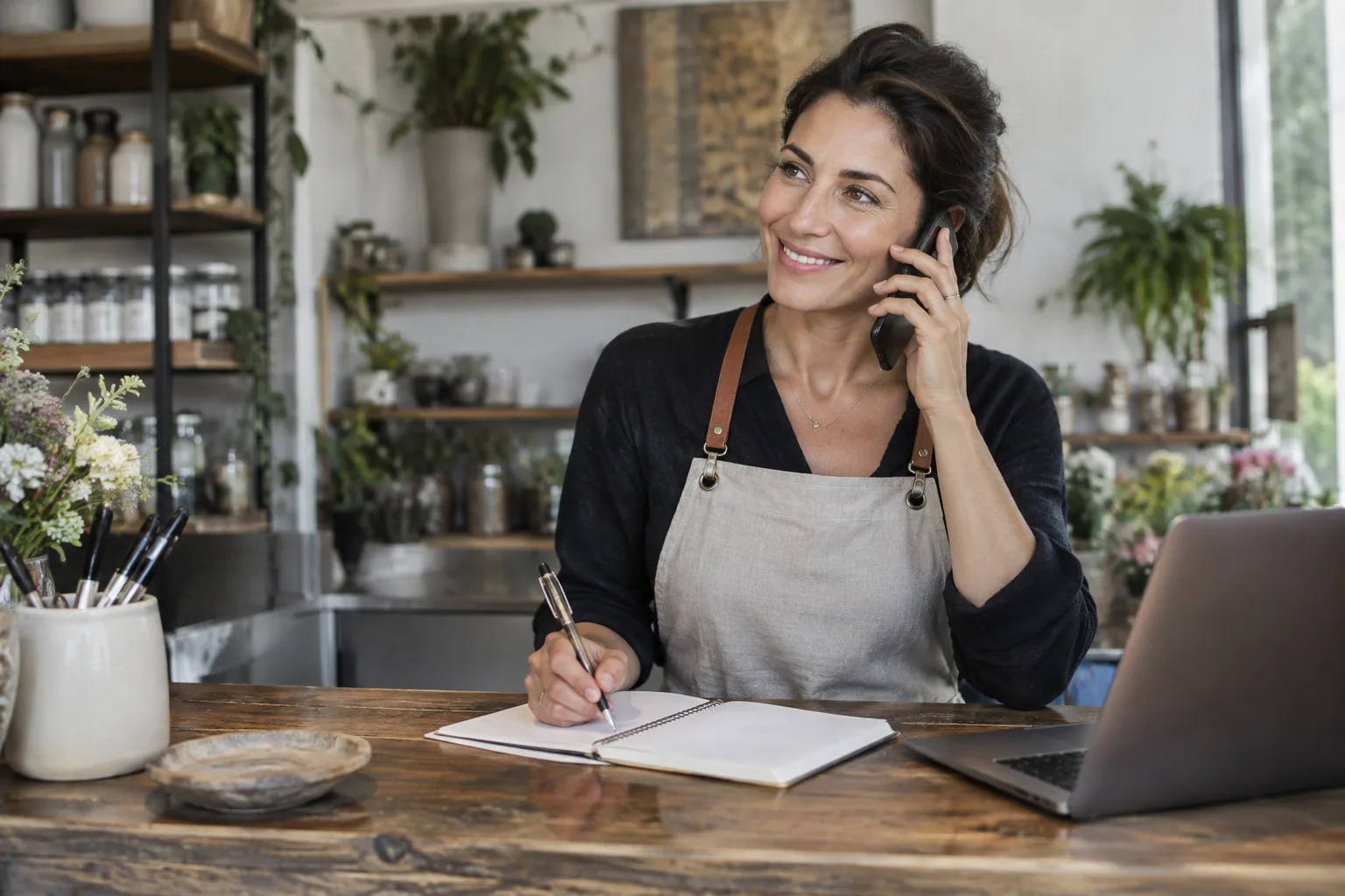 A small business owner answering a customer phone call quickly at their front desk.