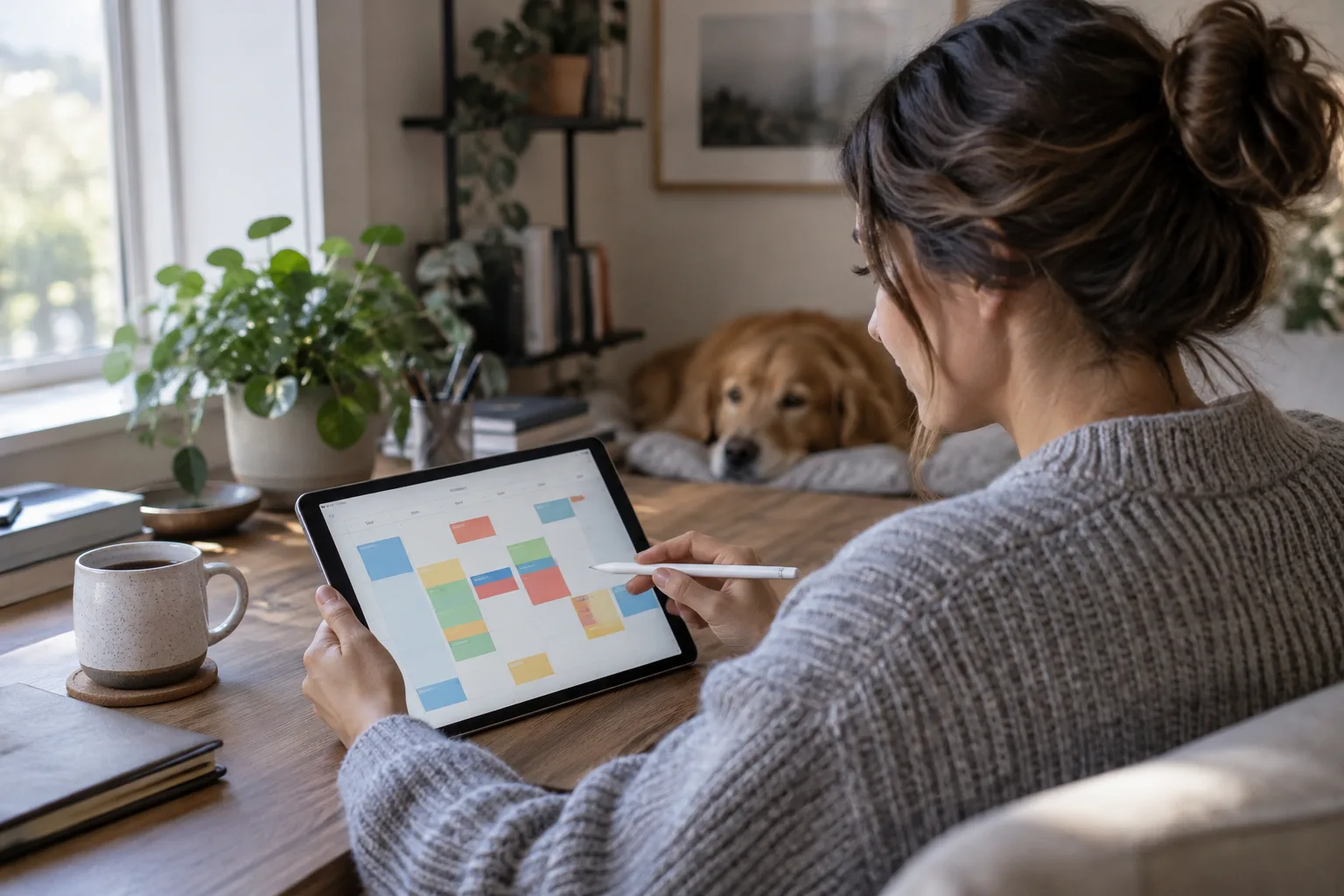 A person reviewing a weekly social media content calendar on a tablet at their desk.