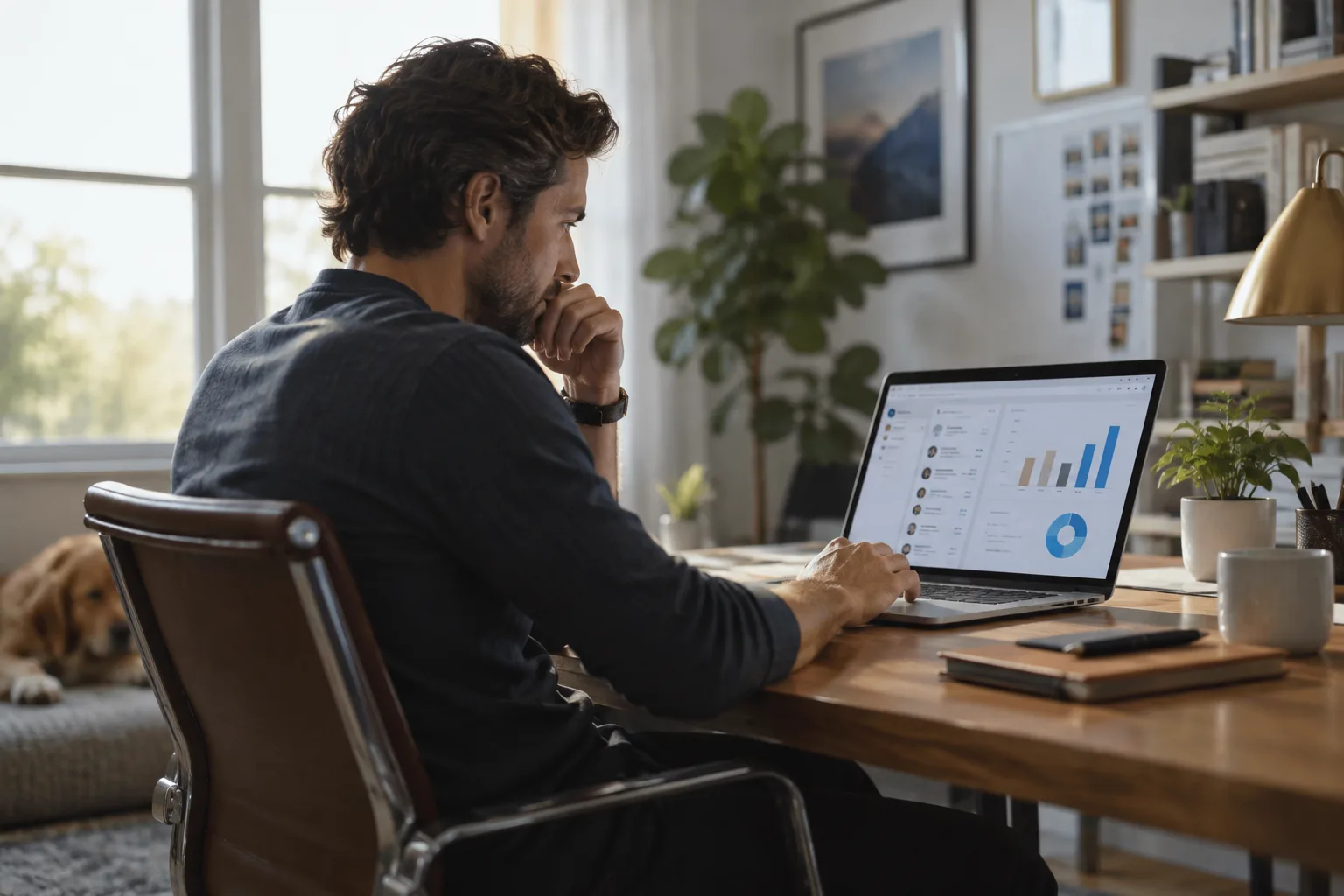 A founder sits at a desk working on a laptop showing a LinkedIn messaging dashboard.